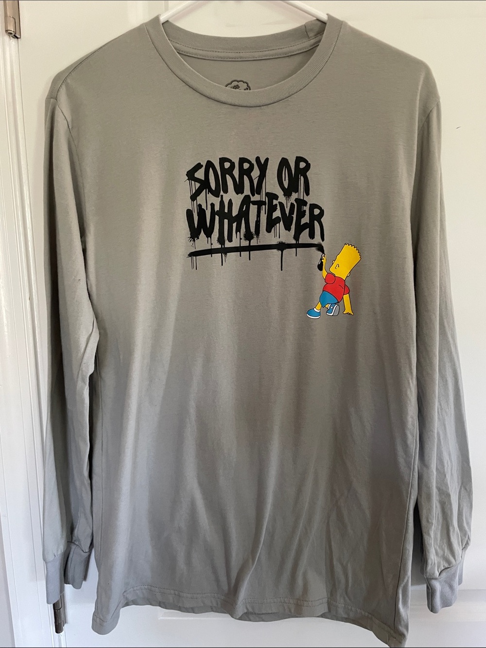 Gray Long Sleeve Tee with 'Sorry Or Whatever' Bart Simpson Graphic